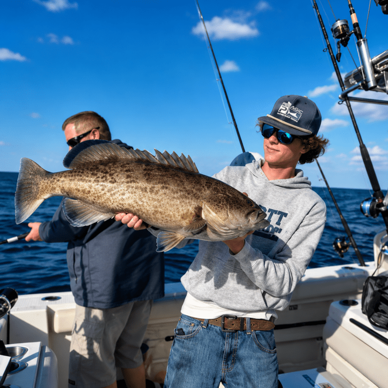 Person holding a large fish on a boat under a clear sky.