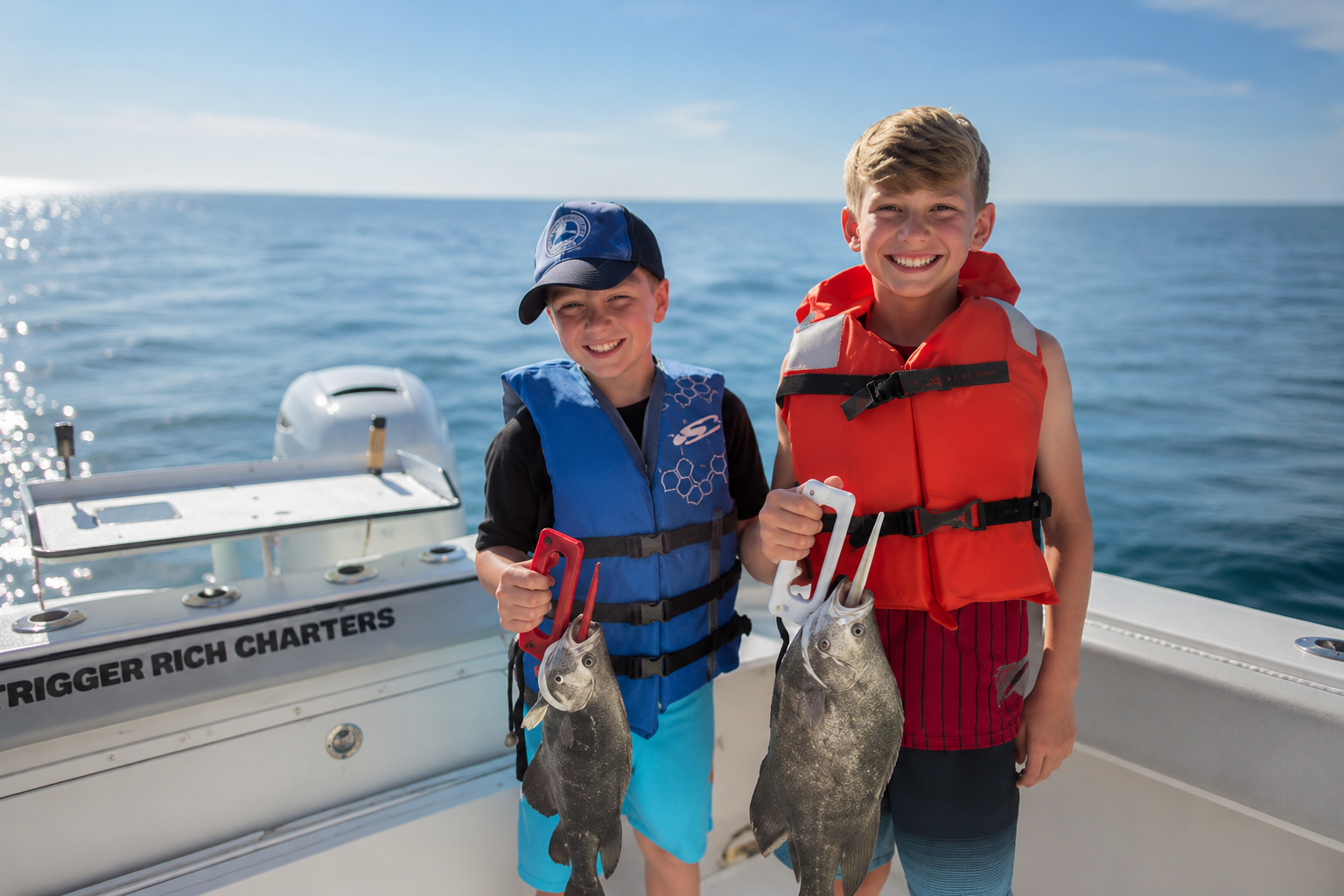 Two smiling boys on a boat holding fish, wearing life jackets.