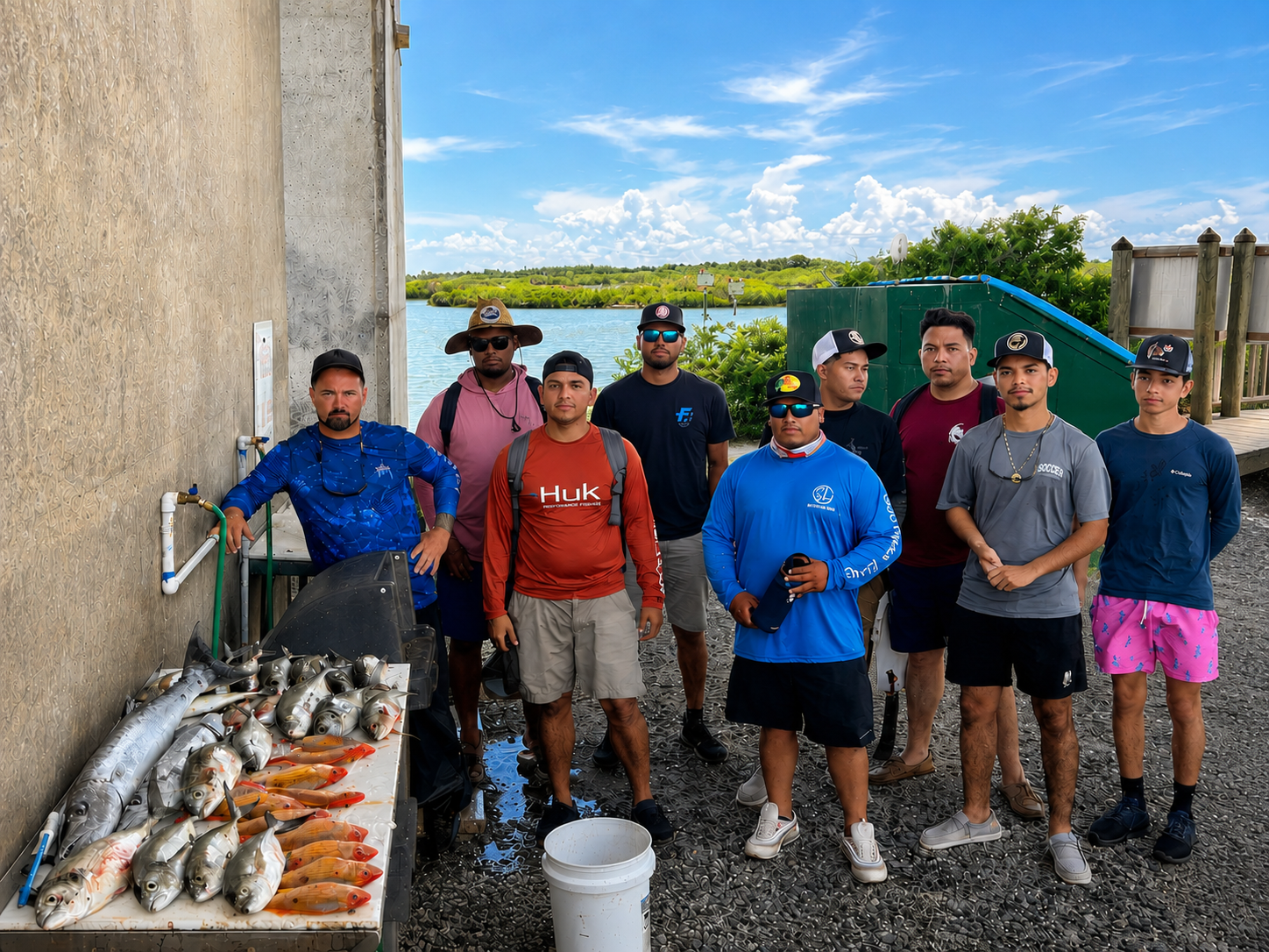 Group of men standing by a fish catch on a stone surface near water.