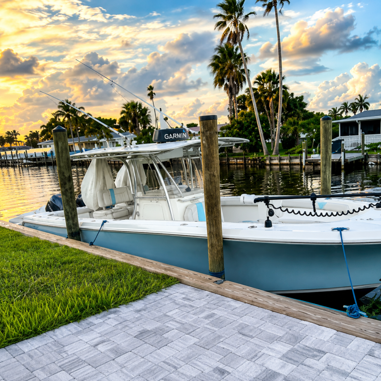 Boat docked on calm water with palm trees, houses, and sunset in background.