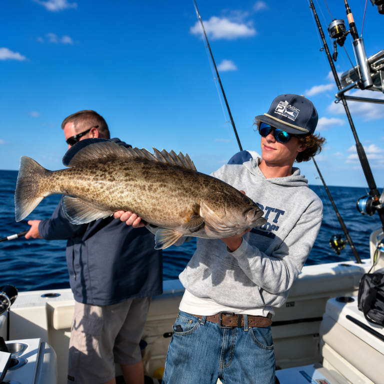 Person holding a large fish on a boat under a clear sky.
